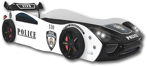 Aileenstore Autobett 90x200 Jungen Kinder Kinderbett Police Rennwagenbett inkl. Lattenrost LED-Leuchte Spoiler (ohne Matratze)