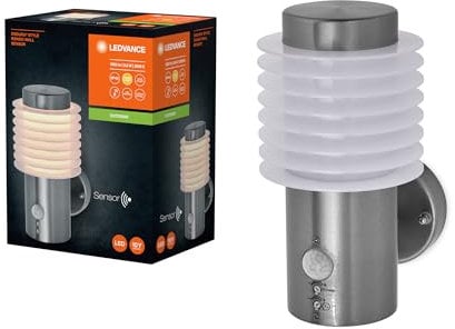 LEDVANCE ENDURA STYLE RONDO WALL SEN Außenleuchte, 9,5W, 700lm, Wandleuchte, Edelstahl, Bewegungsmelder, Tageslichtsensor, IP44 Schutzklasse, 3.000K Farbtemperatur, warmweiße Lichtfarbe