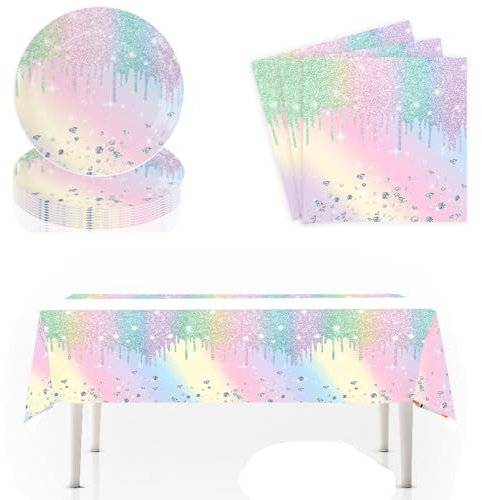 41 pcs Iridescent Diamond Birthday Party Decorations, Disposable Tableware,20 Plates 20 Napkins and 1 Tablecloth for Boy Girls Birthday Theme Party Supplies Decorations (Iridescent diamond)