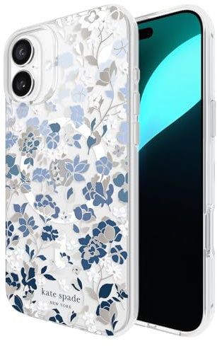 Kate Spade New York iPhone 16 Plus Case - Compatible with MagSafe - Designer Phone Case - Flowerbed Blue Gems