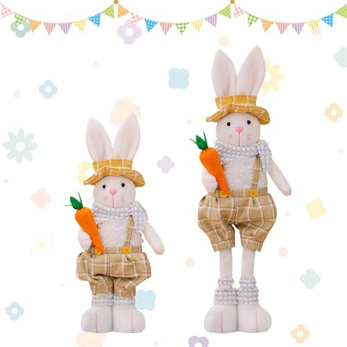 FONDUO Ostern Deko Hase, Handgemachte Plüsch Osterhasen Figuren Deko, Plüschpuppe Ornamente Einziehbare Beine, Tischdeko Puppe Ostern, Frühlingsdeko Osterfiguren für Heimdekoration Geschenk (A)