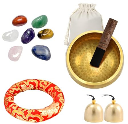 Bol chantant tibétain, bol sonore accordé à la main avec 7 pierres chakras, 2 cloches et sacs de transport, outil de méditation portable, cadeau spirituel pour yoga et relaxation