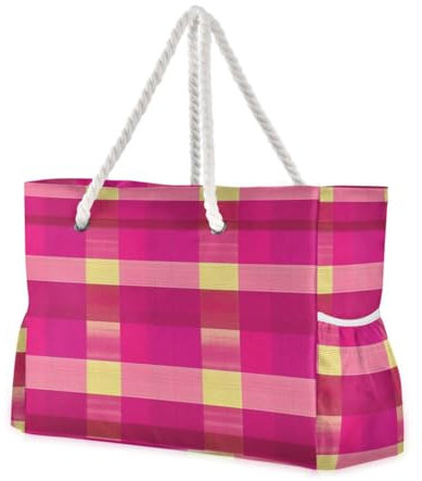 Buffalo Plaid Check Hot Rose Gold Sandproof Beach Sacs Et Totes avec Poches Latérales Sac Pour Voyage pour Piscine Gym Épicerie Voyage, Buffalo Plaid Check Hot Rose Gold, 1 Size, Buffalo Plaid Check