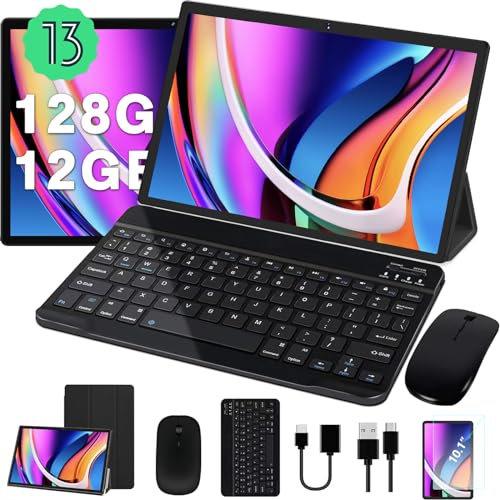 2025 Newest Tablet 10 Pollici Android 13 Tablets 12GB RAM + 128GB ROM (1TB TF) Octa-Cores 2.0Ghz, 8000mAh, WiFi 5G+2.4G, BT 5.0, GPS, 8MP+5MP, Corpo in Metallo con Custodia, Tastiera e Mouse, Gray