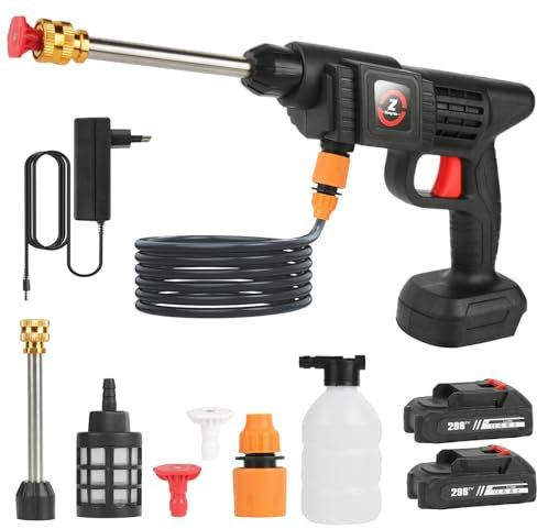 Akku Hochdruckreiniger, 21V Max 50BAR Elektrischer Hochdruckreiniger mit 5M Schlauch, Tragbare Drucksprühwasserpistole für Auto, Boden, Garten, Tierbad & Fassadenreinigung (6000mAh Akku*2)