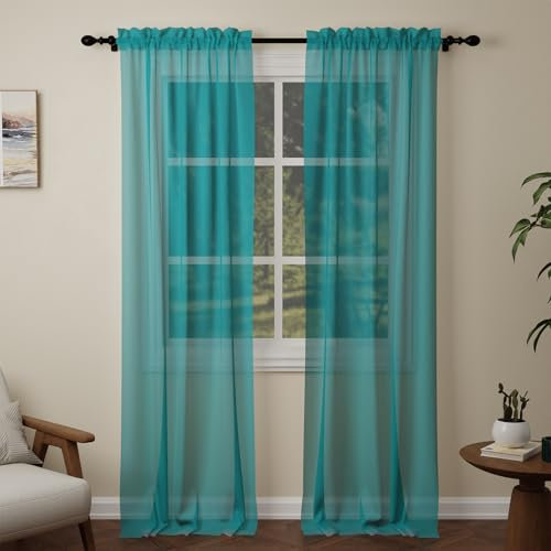 Pacok Teal Voile Curtains, 108 Drop 2 Panels Net Curtain for Windows, Rod Pocket Sheer Curtain Panel Voile Curtains for Living Room Kitcken Bedroom W56xL108 Inch(Teal, 142 x 274cm)