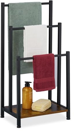 Relaxdays Portasciugamani a 3 Bracci e Ripiano, Piantana Bagno, 80x40x28 cm, Porta Asciugamani Ferro e MDF, Nero Marrone, Fibra di Legno