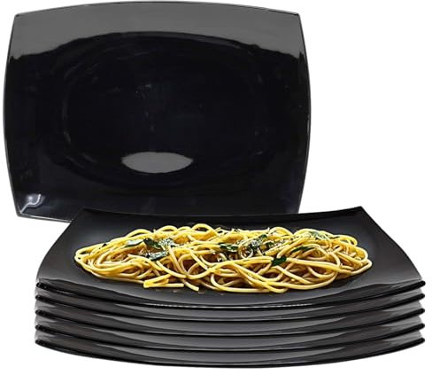 UNIQUE HOME LIVING Dinner Plates Set of 6, 35cm Black Tempered Opal Glass Serving Platter Dinnerware Set, Square Dinner Plates Dish, Dishwasher Safe, Serving Plate for Dinner/Steak/Main Course