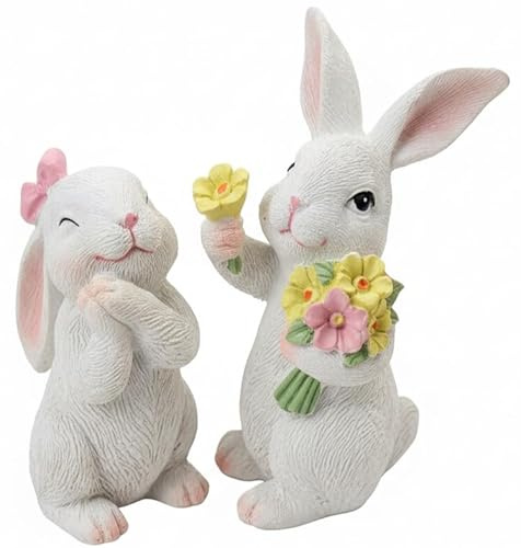 khevga Mini-Osterhasen 2er Set – Kleine Deko-Hasen aus Polyresin (ca. 7-8 cm) – Weiß mit Blumen, handbemalt – Süße Frühlingsdeko für Tisch & Regal