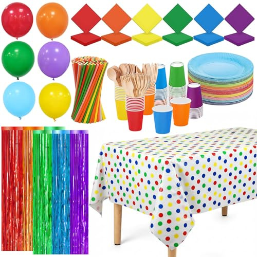 474 PCS Colorful Rainbow Party Tableware Set, Party Dinnerware Set Includes Tablecloth,7 inch Paper Plates,Tablecloth,Tinsel Curtain,Cup,Napkin,Straw,Wooden Cutlery(Knife/Fork/Spoon),Severs 60