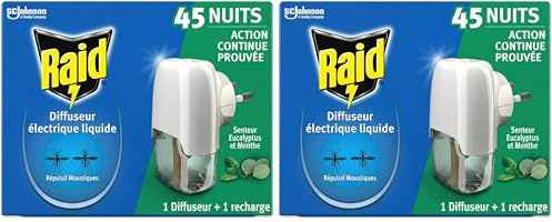 Raid Diffuseur Électrique Liquide Répulsif Moustiques et Moustiques Tigres 45 Nuits - Senteur Eucalyptus et Menthe - 1 Diffuseur + 1 Recharge (Lot de 2)