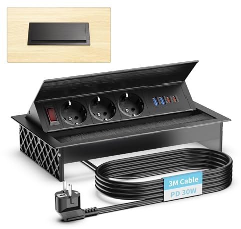 Cable de 3 m, Enchufe empotrable de Aluminio 3 Tomas con 2 Puertos USB-C PD 30W y 2 Puertos USB-A – Regleta retráctil, ángulo Ajustable para Cocina, Escritorio y Oficina, Negro
