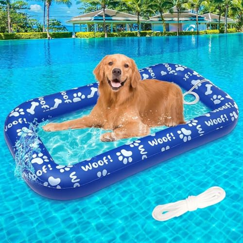 Flotador Piscina para Perros 143 x 80 cm Balsa Inflable para Cachorros y Perros Flotador Hinchable con Cuerda de Remolque de 198 cm, Ideal para Piscina Playa Lago Río