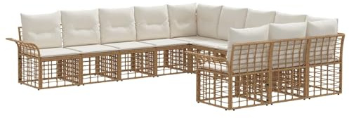 vidaXL Outdoor-Sofagarnitur 11 pcs Natürlich und Cremweiß Polyester, Moderner, modularer Aufbau, wetterfester Sofaset, Gartenmöbel, Lounge für Terrasse, Veranda, und Patio