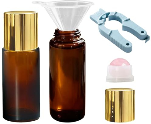 Rose Quartz Roller Ball Bottles for Essential Oils, 2 Pack 50ml Empty Refillable Amber Glass Roll on Bottles with Crystal Rollerball for Castor Oil, Equipped with a Funnel and Ball Bottle Opener