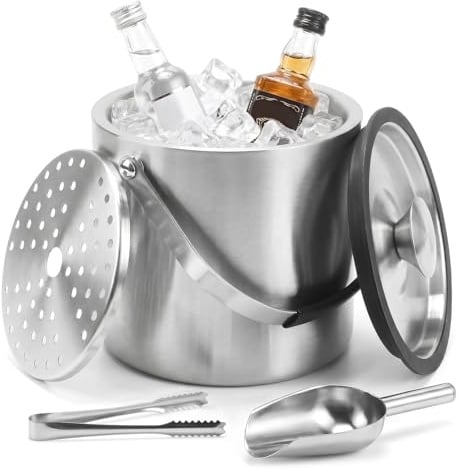 Dcceeo 3L Cubitera de Acero Inoxidable, Cubo de Hielo con Tapa, Cuchara, Filtro y Clip Cubitera Aislado de Doble Pared Portátil Contenedores de Hielo para Fiestas, Restaurantes, Picnics, Vino