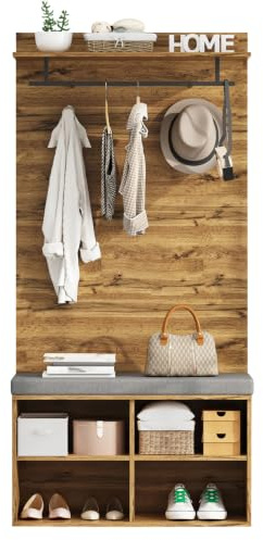 kaoices Garderobenset Hoch 175 cm | mit Schuhbank, verstellbarem Regal, Kleiderstange & Polster – Platzsparende Flurmöbel in Eiche-Optik， Flurgarderoben set