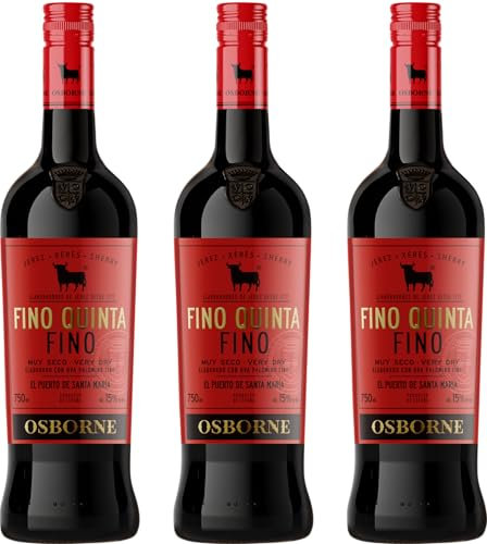 Osborne Sherry Fino Quinta – Hochwertiger, trockener Sherry, hergestellt nach dem Solera-Verfahren aus Andalusien in Spanien mit 15% vol. (3 x 0,75l)