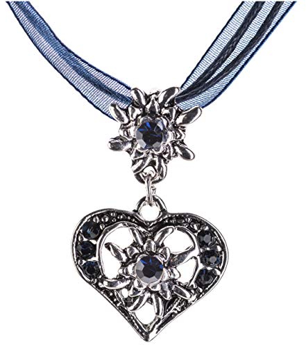 Trachtenkette elegantes Herz mit Strass und Edelweiss Anhänger Trachtenschmuck Kette für Dirndl und Lederhose Damen in vielen Farben (Blau)