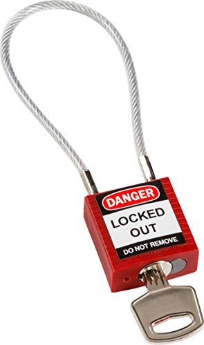 Brady Cadenas à câble compacts - Lockout Tagout Cadenas de sécurité avec clé - Cadenas à longue tige - Clé Différente - 32mm x 35mm x 16mm - Longueur du câble 200 mm, Rouge