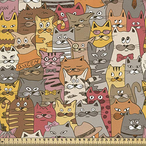 ABAKUHAUS Katze Gewebe als Meterware, Psychedelische Comic-Maskottchen, Schön Gewebten Stoff für Polster und Wohnaccessoires, 1M (148x100cm), Braun Gelb