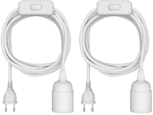 ledscom.de 2 Stück Textilkabel LEHA, Stecker, Schalter, weiß, 3 m, Lampen-Fassung, 1x E27 max. 60W