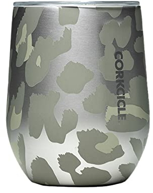 Corkcicle Origins Stemless Cup | Vaso de vino de acero inoxidable con triple aislamiento | Copa de vino sin tallo | Taza de café reutilizable térmica de viaje | vino, champán, 355 ml, leopardo