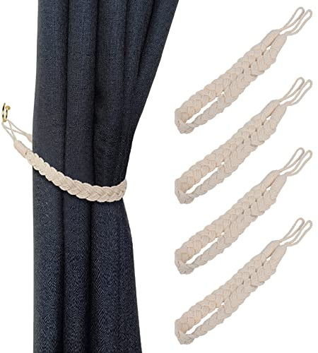 besbomig 4 Stück Vorhang Raffhalter, Baumwolle Gardinenhalter, Vorhang Haken Clip, Boho Türkordel Gardinenband, Dekorative Vorhang Gardinenraffer Zugband Rope für Schlafzimmer Büro, Beige