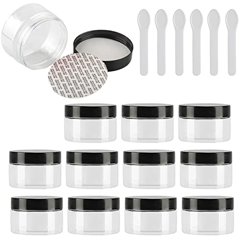 TIANZD 12 Pièces Vides Petit 100 ml Transparent Cosmétique Pot en Plastique avec Couvercle Noir 100 g Pots de Cosmétique Crème de Bouteille Contenant avec 6x Spatules