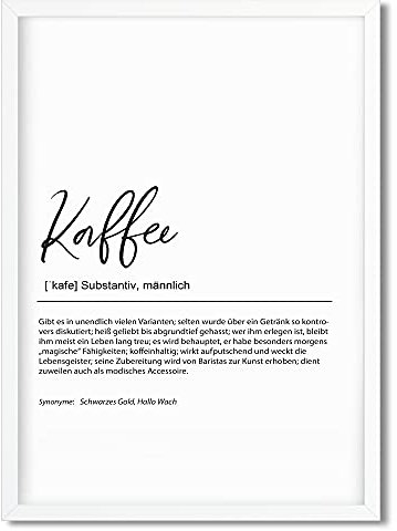 Urhome Kunstdruck Definition Kaffee mit Bilderrahmen Weiß in DIN A3 - Worterklärung wie im Duden Lexikon Wandbild Wanddeko mit Spruch Holz Rahmen für Wohnung Familie Freunde Geschenk