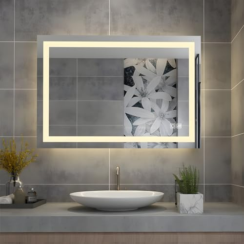 MIQU Miroir Salle de Bain LED 90x60cm avec éclairage Blanc Chaud/Blanc Froid à intensité Variable Miroir Mural avec Toucher&antibuée rectangulaire/pour Salle de Bain,Chambre à Coucher,WC