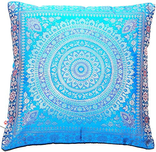 Ruwado Handgewebt und Handgefertigt Indische Banarasi Seide Kissenbezug, Zierkissenbezug, Sofakissenbezug, Dekokissen - (Türkis-Blau..)