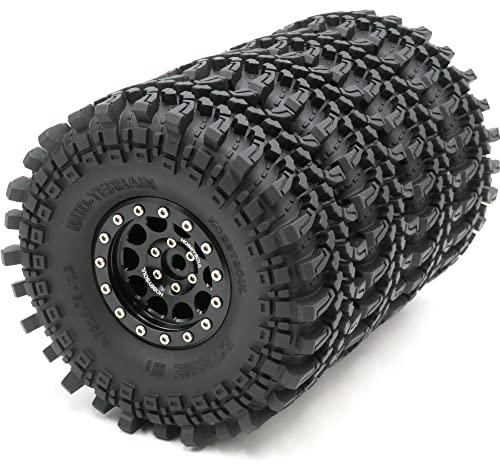 HOBBYSOUL 4 Stück RC 1.9 Mud Terrain Reifen Super Grip Soft Crawler Reifen 121 mm & Aluminium 1.9 Beadlock Felge (vormontiert)