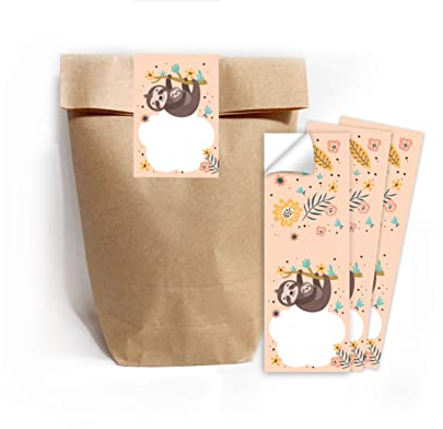 Junapack 12 Geschenktüten (Natur) + 12 Aufkleber Faultier für Mitgebsel Gastgeschenk beim Kindergeburtstag Mädchen Jungen