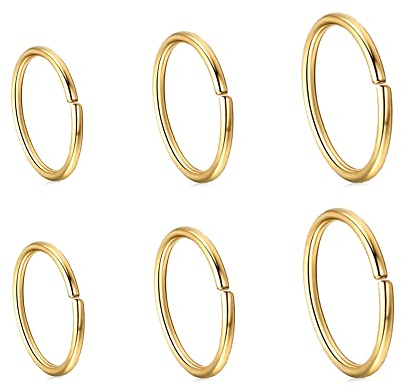 JSDDE 6er 20ga Fake Nasenring Edelstahl Nasenpiercing Fake Nose Ring Fake Hoop Ringe Piercing für Ohr Helix Tragus, 6-10mm, Gold