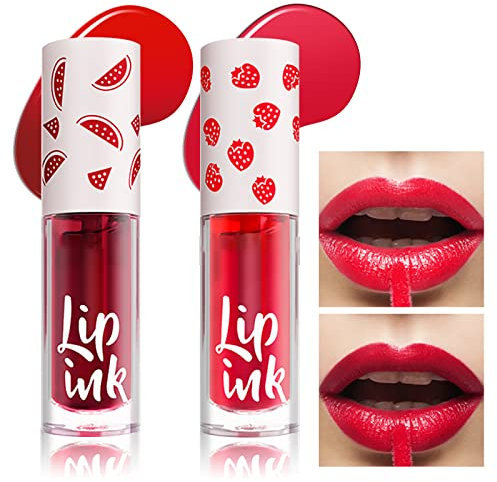 Prreal 2pcs Lip Tint Stain, Mini Lip Stain, Moisturizing Liquid Lipstick, Multifunctional High Pigment Lipstick for Lip Cheeks and Eyes, Long Lasting Waterproof Lip Makeup (#01+#02)