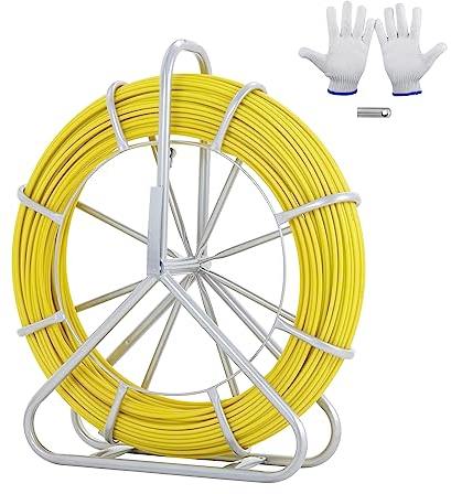 VEVOR Fish Tape Fiberglass, 656 ft, 1/4 inch, Duct Rodder Fishtape Wire Puller, Cable Running Rod with Steel Reel Stand, 3 Pulling Heads, Fishing Tools for Walls and Electrical Conduit, Non-Conductive