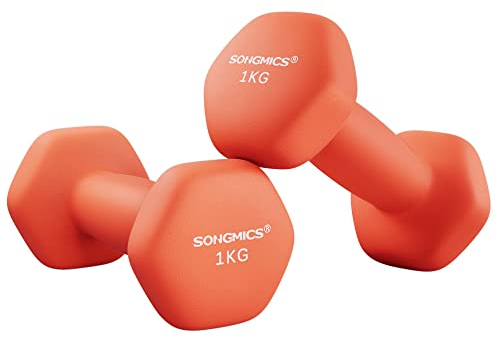 SONGMICS Hanteln, 2er Set, 2 x 1 kg, Hantelset, Kurzhanteln, Hexagon, Neopren-Beschichtung, Krafttraining, Workout, Fitnesstraining, für Zuhause, papayaorange SYL902O01