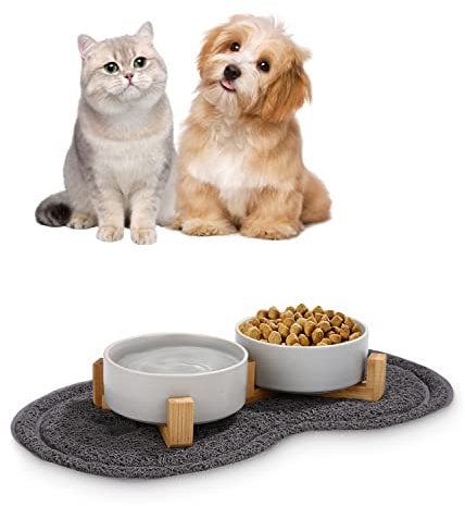 Gamelle Chat Sureleve 2x400ML Gamelle Chat Chien Ceramique Bol Chat AVCE Support Tapis Antidérapant pour Chat Chien (Gris)