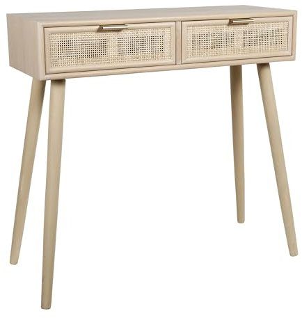 Ostaria 33451 - Console en Bois et Osier Naturel - Meuble de Rangement pour entrée ou Salon, avec 2 tiroirs, modèle Selma, Style Authentique et raffiné, Dimensions : L 80 x H 80 x l 30 cm