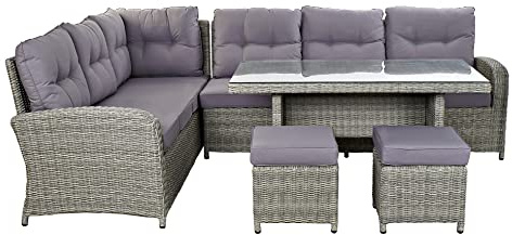 Set de Sofa esquinero de Jardin de 7 plazas, Mesa Comedor y 2 Puff de Ratan Sintetico Marron y Cojines Grises 200X100X75 cm Mesa y Cristal de 5 mm