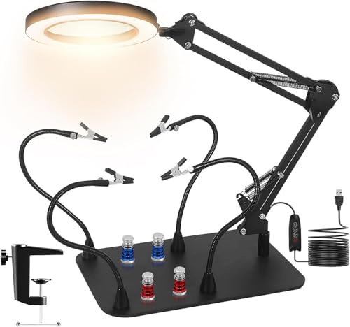 Magnetische helfende Hände mit 10-facher Lupe, größerer stabiler Sockel, 4 flexible Magnetarme, 4 Halter-Säulen, beleuchtete Lupe für Reparatur von Leiterplatten, Schwarz