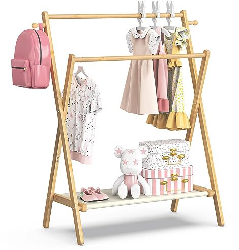 Appendiabiti per bambini, appendiabiti per bambini e animali domestici, supporto per travestimento per bambini con ripiano portaoggetti e aste doppie, appendiabiti pieghevole per la cameretta dei