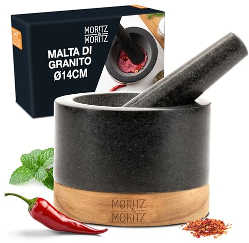 Moritz & Moritz Granite Mortar and Pestle Set - 14cm (5,1) Large Pestle and Mortar with Wooden Base - Heavy Duty Stone Grinder for Spices, Herbs, Pastes - Premium Kitchen Gift Set