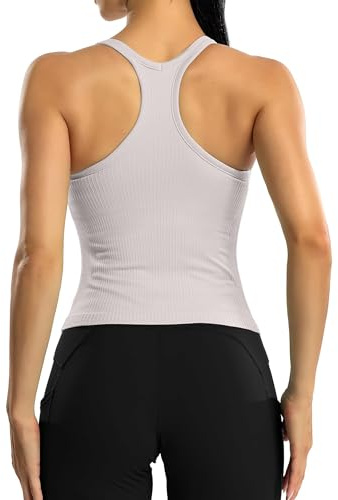 ATTRACO Ribbed Racerback Crop Tank Tops with Built-in Bra Gray M