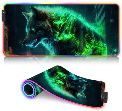Tapis de Souris de Jeu RGB Grand Tapis de Souris LED Lumineux étendu avec 14 Modes d'éclairage et Tapis de Souris USB Gamer pour Jeu Macbook PC Ordinateur Portable Wolf 40 x 90 cm