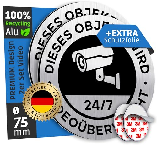 SCHILDERBOXX® 2er Set Achtung Videoüberwachung Schild Klein [Ø75mm, 100% Alu, 3M Tape] - Aufkleber Kameraüberwachung, Grundstück Videoüberwacht, Video Überwachung Privatgrundstück, Kamera Überwacht