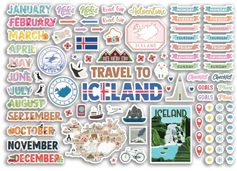 DV DESIGN A4-Aufkleberbogen, Island-Wahrzeichen, Vinyl-Aufkleber – Fjorde, isländische Stadttplaner, Reisen, Urlaub, Monate, Etiketten, Scrapbook, Journal #81380, 81380_A4