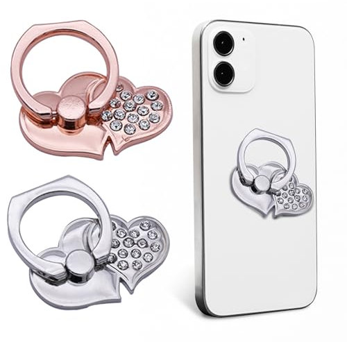 2pcs Heart-Shaped Phone Ring Holder Grips, Mobile Phone Accessories for Smartphone, Universal Phone Grip Holder for Back of Phone, Ring Holder for Phone Case (Silver/Rose Gold)