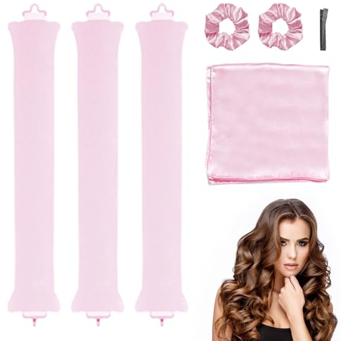 3 Stück Lockenwickler Ohne Hitze Set, Heatless Curls Band mit Haarband, Haarklammer, Kopftuch, DIY Hair Curler No Heat, Overnight Hair Curlers to Sleep in für den Schlaf über Nacht(Rosa)